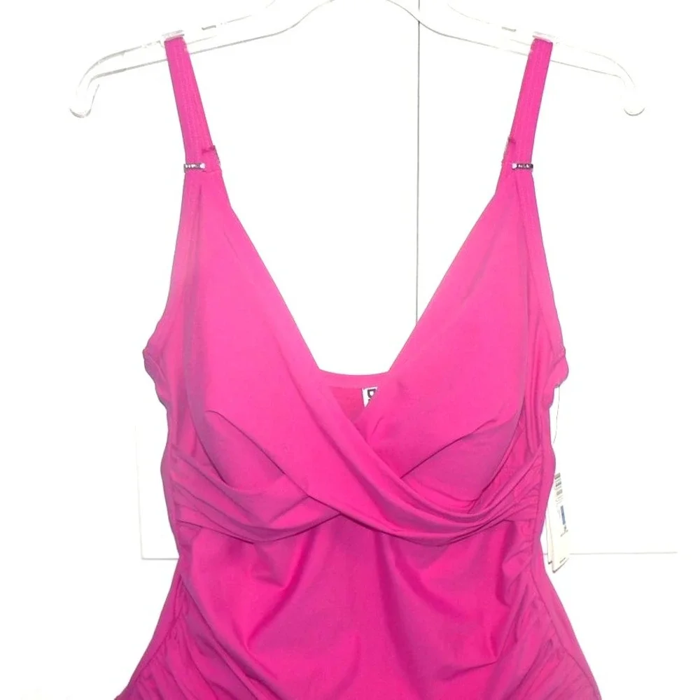 DKNY Women's Crossover Tummy Control Ruched One-Piece Swimsuit Amalfi Pink XL - Picture 3 of 7
